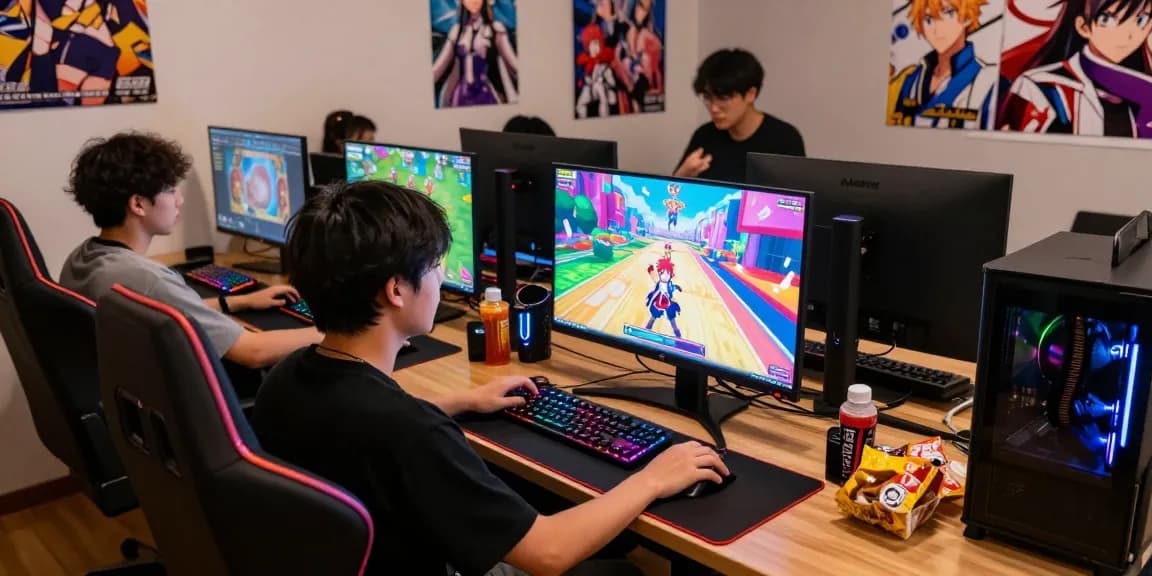 Exciting ecchi game scene with a player in a gaming lounge, surrounded by colorful visuals and gaming gear.