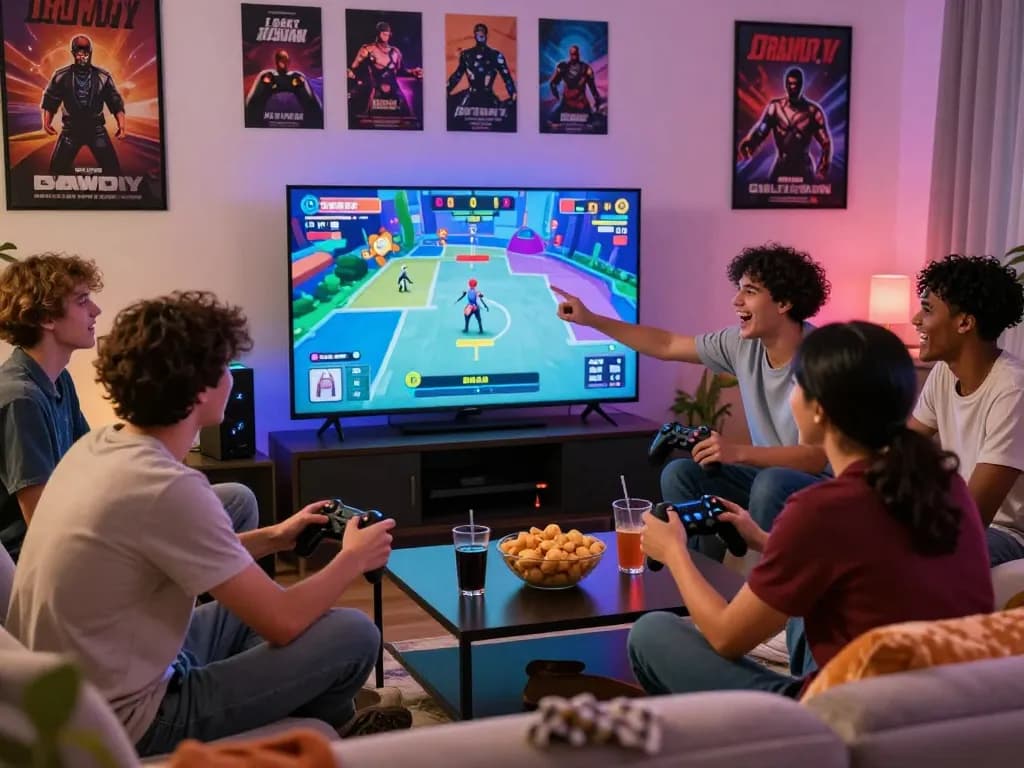 Group of friends enjoying gay porn games together in a lively living room.