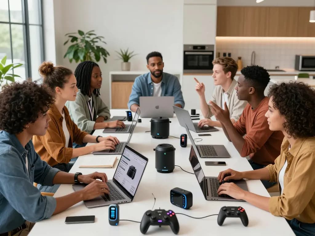Group discussing must-have tech gadgets in a modern workspace filled with devices and laptops.