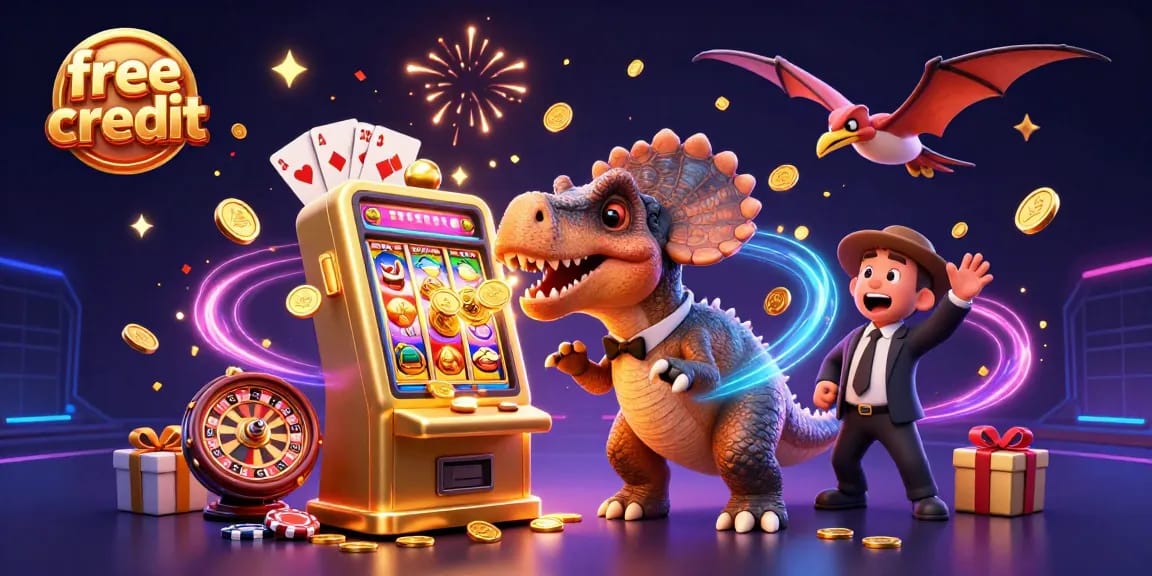Exciting scene of free credit bonuses in action, with animated dinosaurs amidst slot machines and games