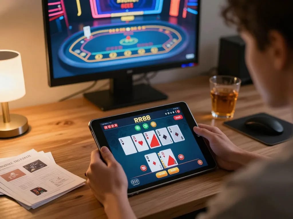 Gambling on RR88 through tablet, showcasing an interactive poker game at a cozy home gaming setup.