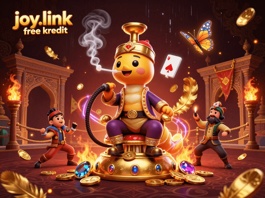 Engage with joy.link free kredit as a vibrant casino scene depicting a caterpillar hookah-master and golden elements.