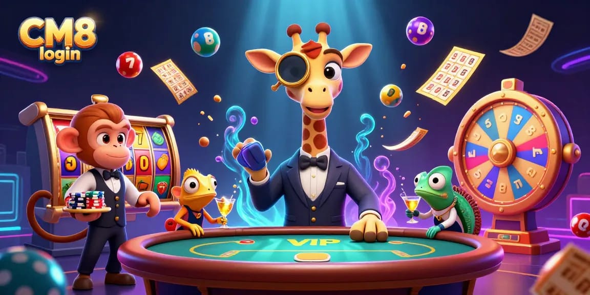 Win big with CM8 login while enjoying vibrant casino games alongside whimsical characters.