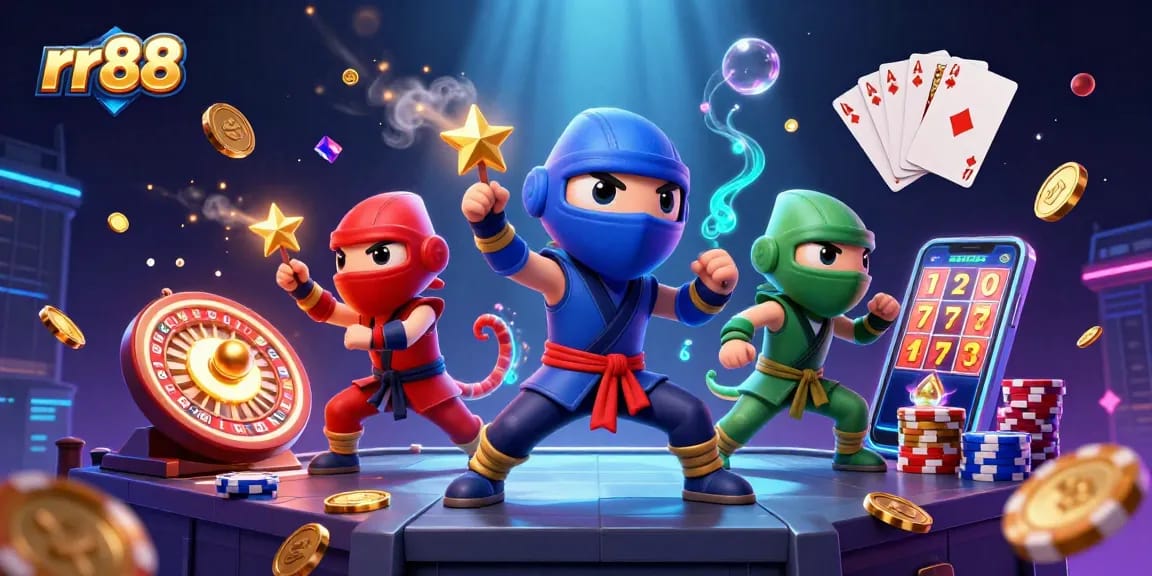Experience thrilling gameplay with RR88's vibrant casino scene featuring chameleons and gold coins.