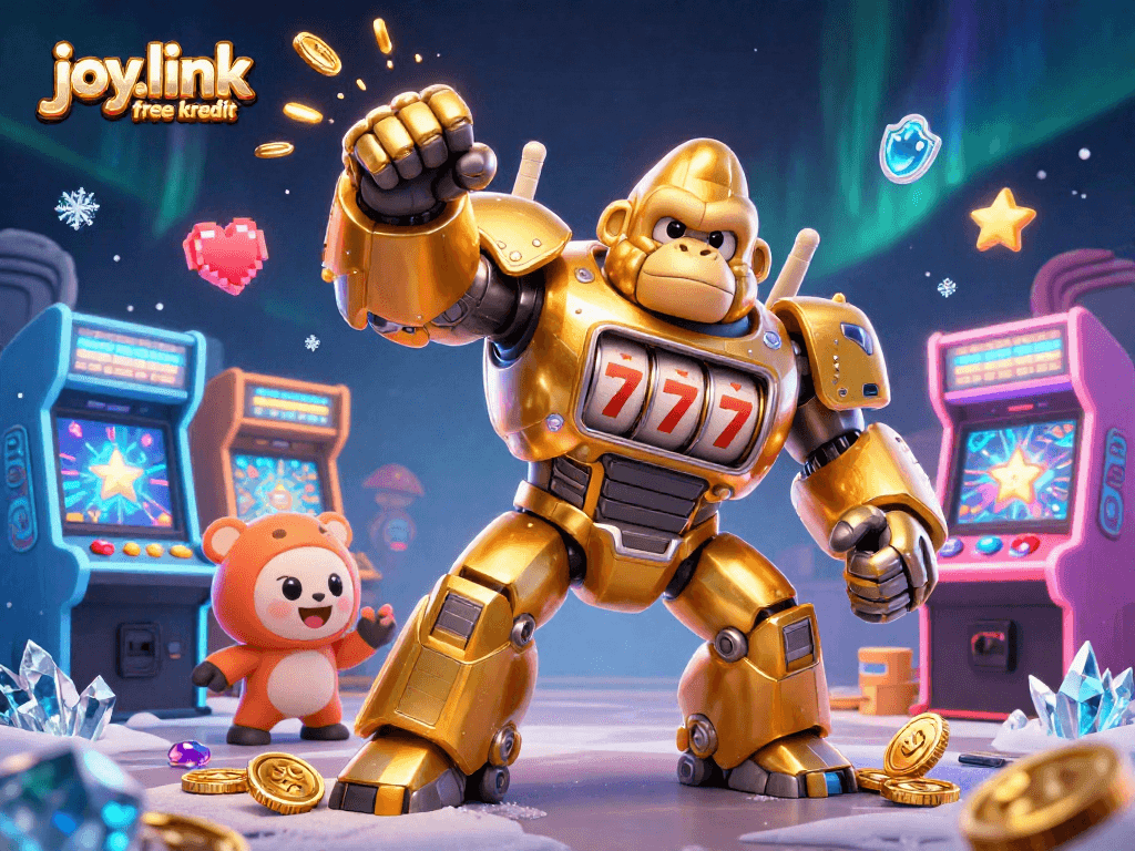 Experience fun and excitement with joy.link free kredit through a vibrant casino world illustration featuring a golden gorilla mech.