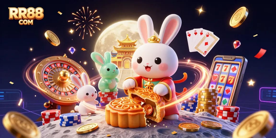 Experience the excitement of RR88 COM with the moon rabbit playing casino games amidst coins and joy!