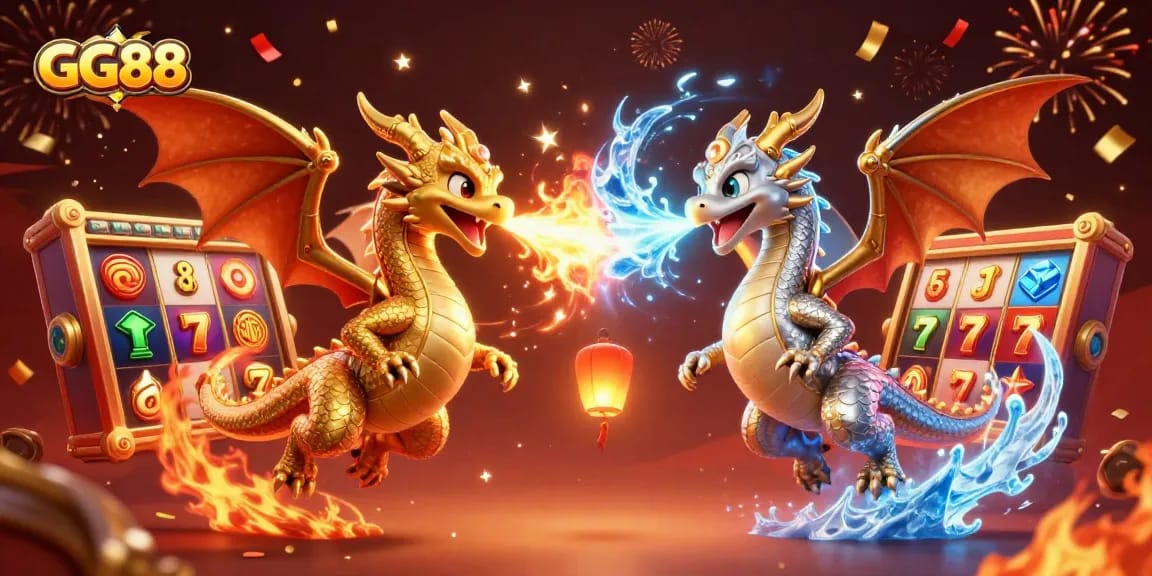 Experience the thrill of GG88 with vibrant slot reels, dragons, and festive celebrations.