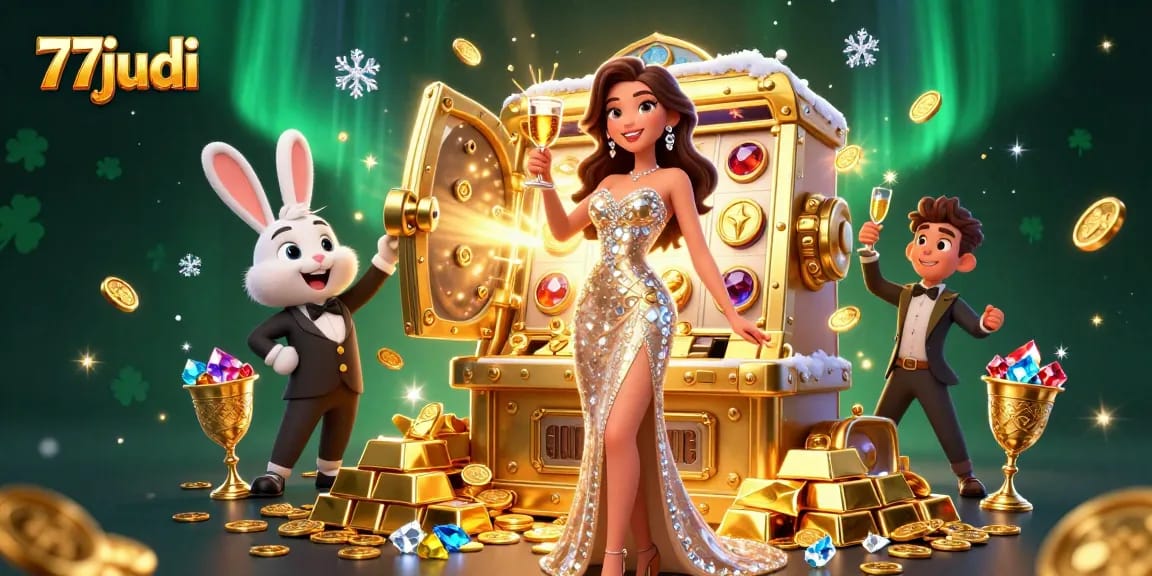 77judi players celebrating wins at a golden jackpot slot machine surrounded by treasure and sparkle.