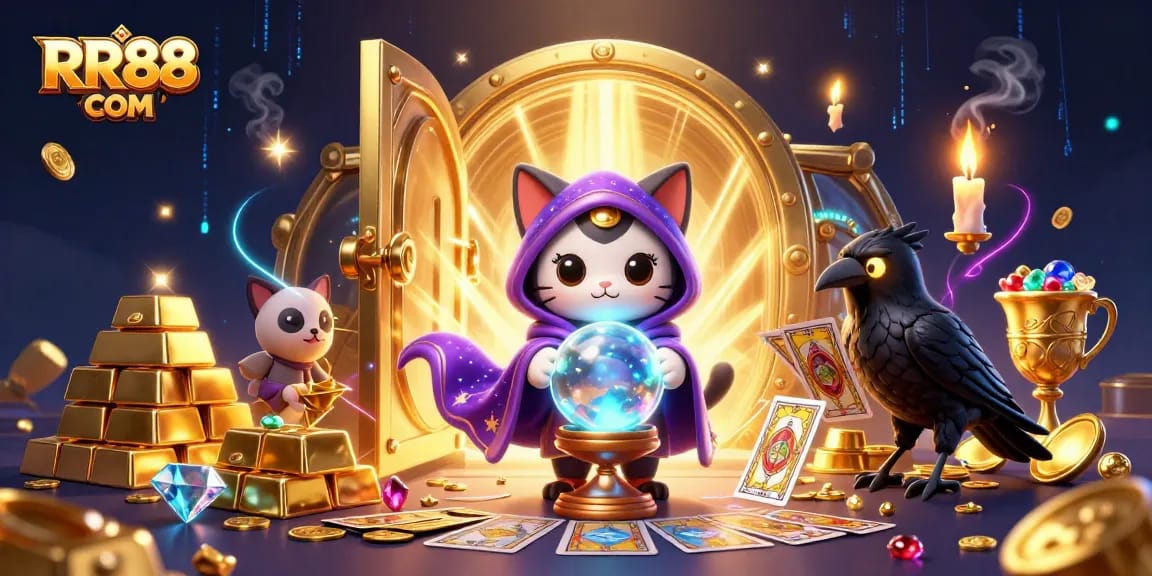 Join the excitement at RR88 COM with this vibrant gaming scene showcasing mystical elements and thrilling casino symbols.