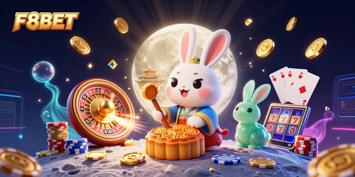 Experience gaming excitement with F8BET, featuring a moon rabbit and poker elements under a cosmic backdrop.
