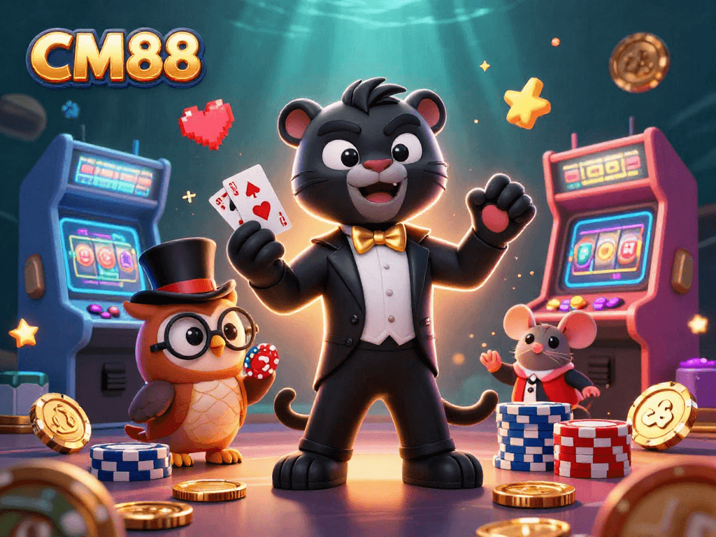 Engage in thrilling gambling at CM88 with a stylish panther dealer and vibrant casino games.
