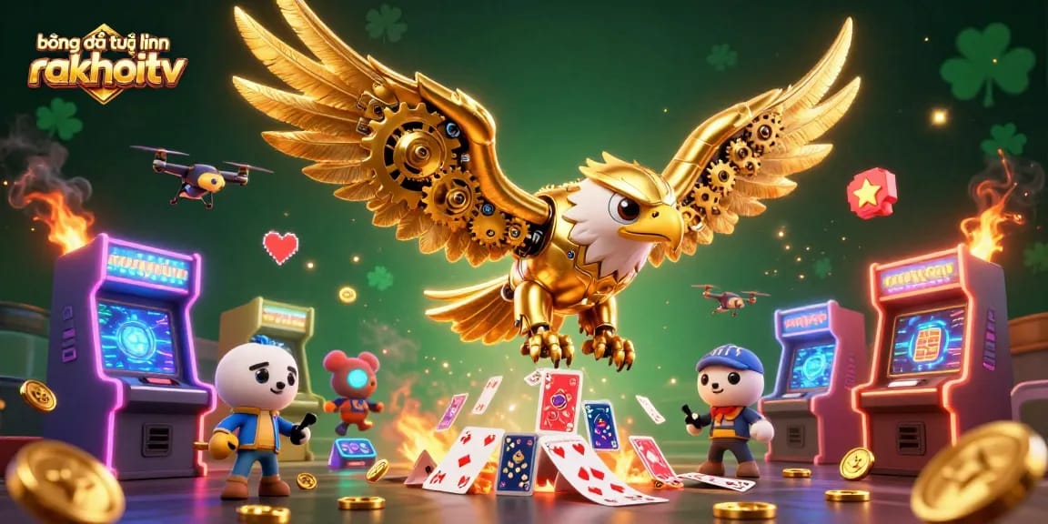 Engage in bóng đá trực tuyến rakhoitv with an ultra-detailed 3D illustration showcasing a golden eagle amidst dynamic casino elements.