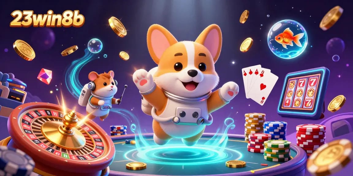 Engage with thrilling games and promotions at 23win8b's dazzling casino environment featuring vibrant characters and elements.