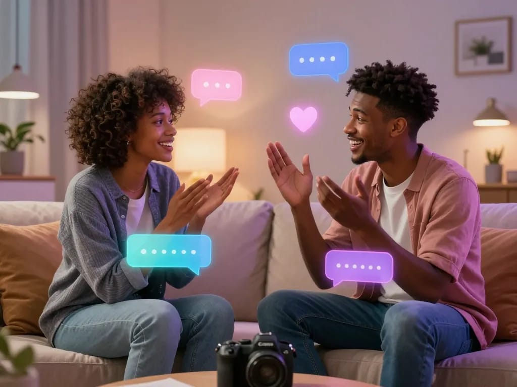 Intimate ai sex chat scenario with realistic avatars in a cozy digital space.