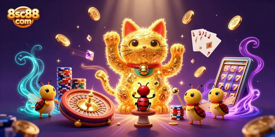 Win big with 8sc88 com - a dazzling illustration of a lucky cat surrounded by casino symbols!
