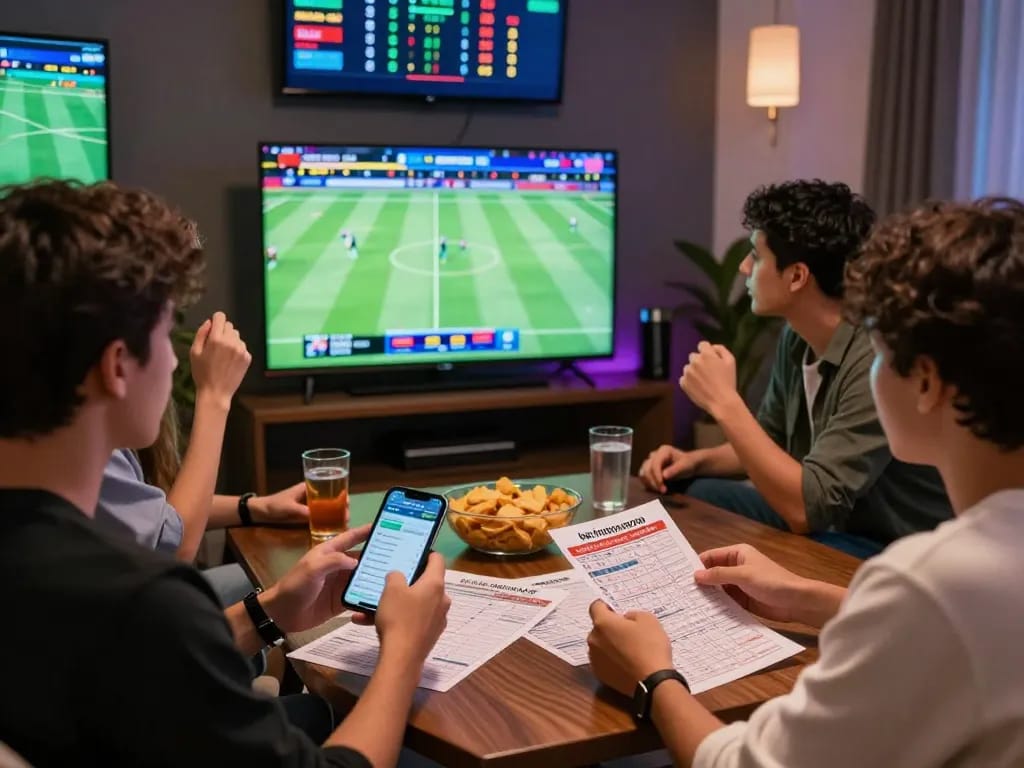 Friends analyzing kèo nhà cái hôm nay while enjoying a live sports betting experience.
