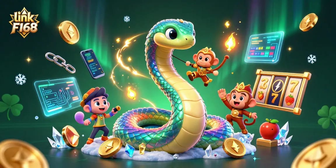 Engage with link F168 in this vibrant 3D casino scene featuring a rainbow serpent and crypto elements.