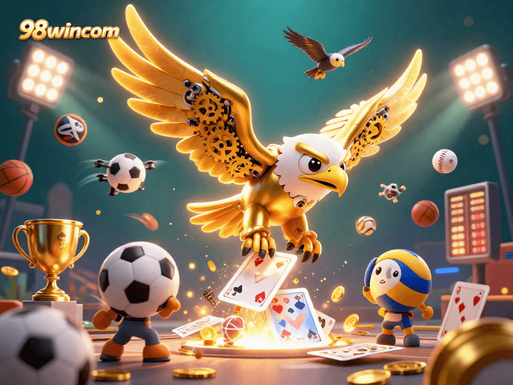 Experience thrilling bets at 98wincom with a dynamic 3D scene featuring sports elements and casino excitement