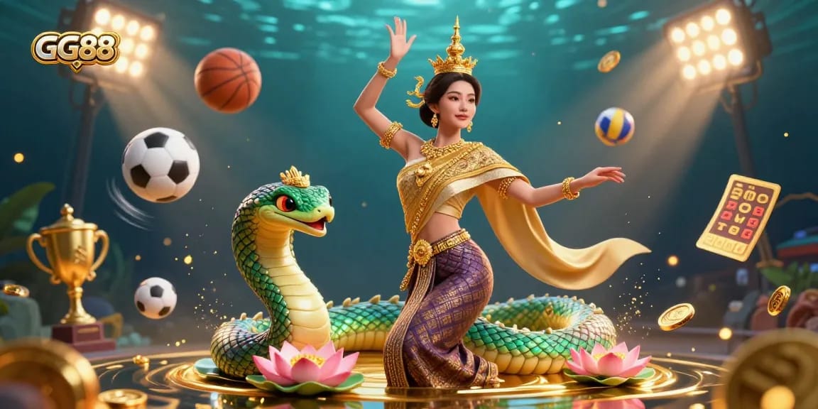 Engage with GG88's vibrant 3D casino illustration showcasing dynamic sports elements and a graceful Thai dancer.