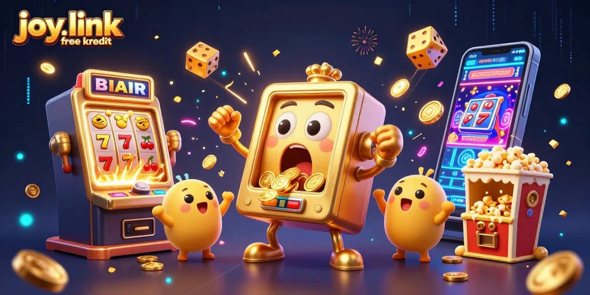 Experience the joy.link free kredit with a dazzling jackpot scene of cartoon slot machines and festive gaming elements.