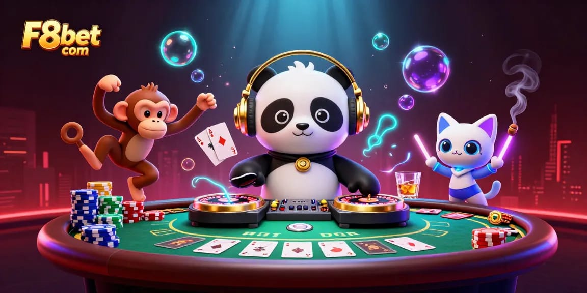 Experience excitement at F8bet com with a DJ panda, poker chips, and vibrant nightlife!