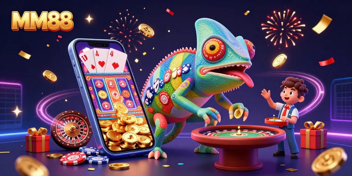 Experience MM88's vibrant casino with dynamic games and gold coins in a colorful 3D scene.