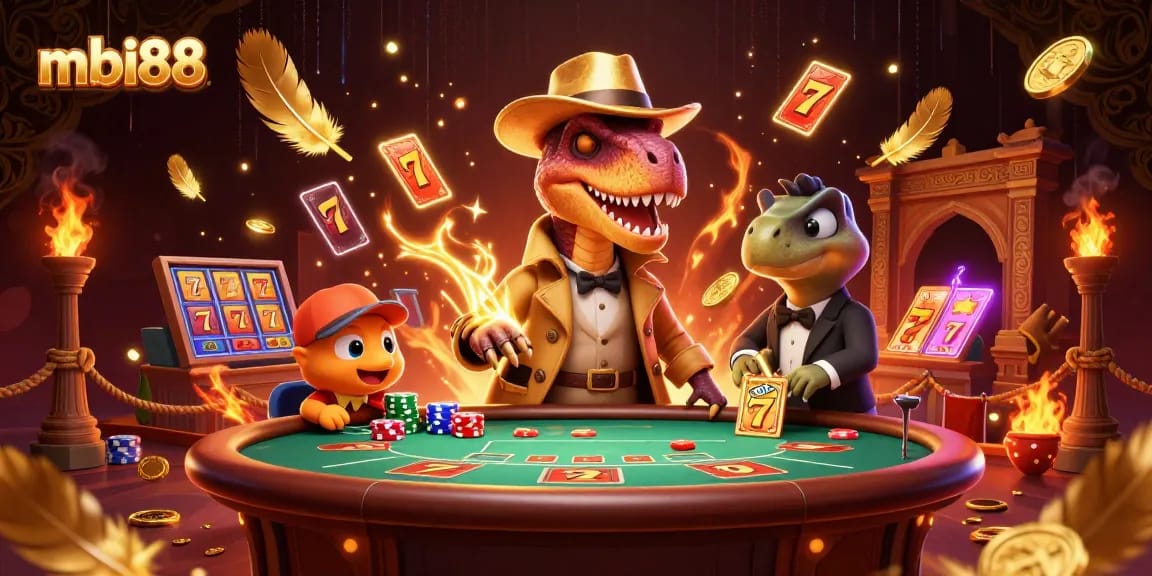 Experience the thrilling action of mbi88 with unique cartoon characters at a vibrant casino scene.