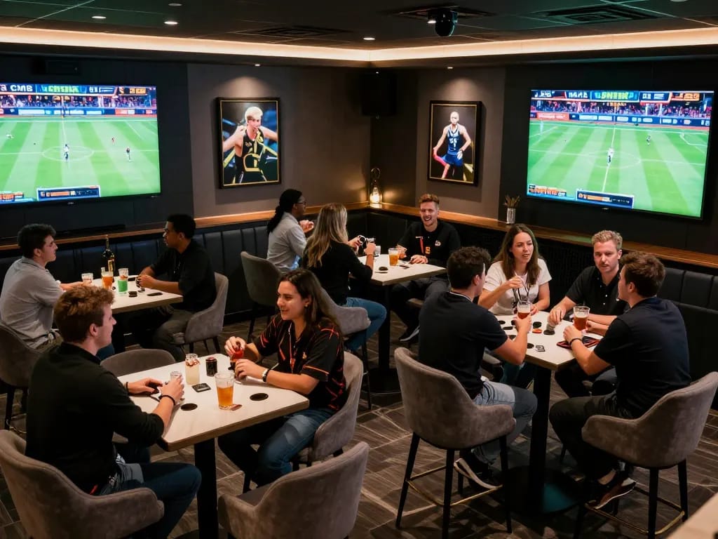 Patrons engaging in sports betting at CM88 lounge, surrounded by screens showcasing live games.