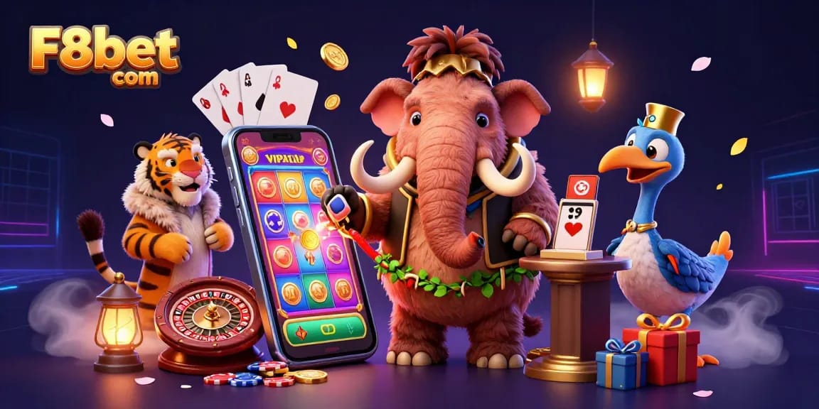 Experience casino excitement with vibrant 3D illustrations on F8bet com, showcasing engaging slot games and glamorous characters.