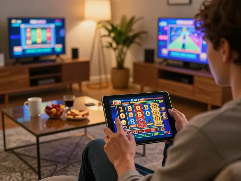Engaging in an m88 slot game on a tablet, surrounded by a cozy home atmosphere.