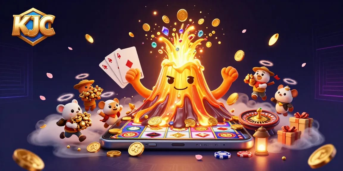 KJC showcases a vibrant gaming explosion with treasure-filled scenes, demonstrating thrilling online gambling experiences.