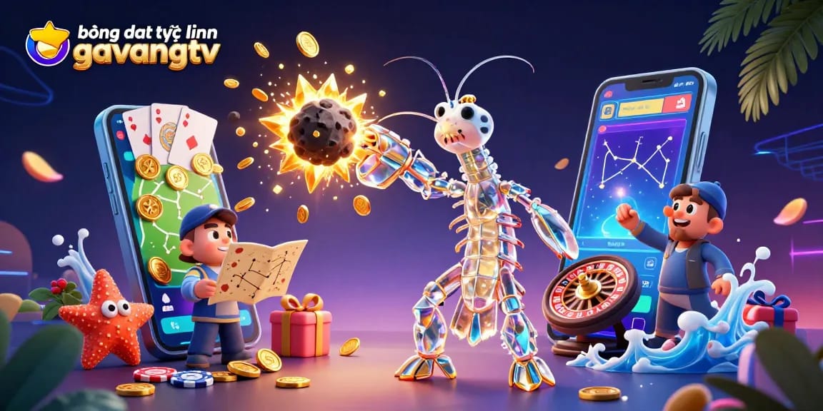 Bóng đá trực tuyến gavangtv showcases a galactic mantis shrimp amid sports betting elements and golden coins.