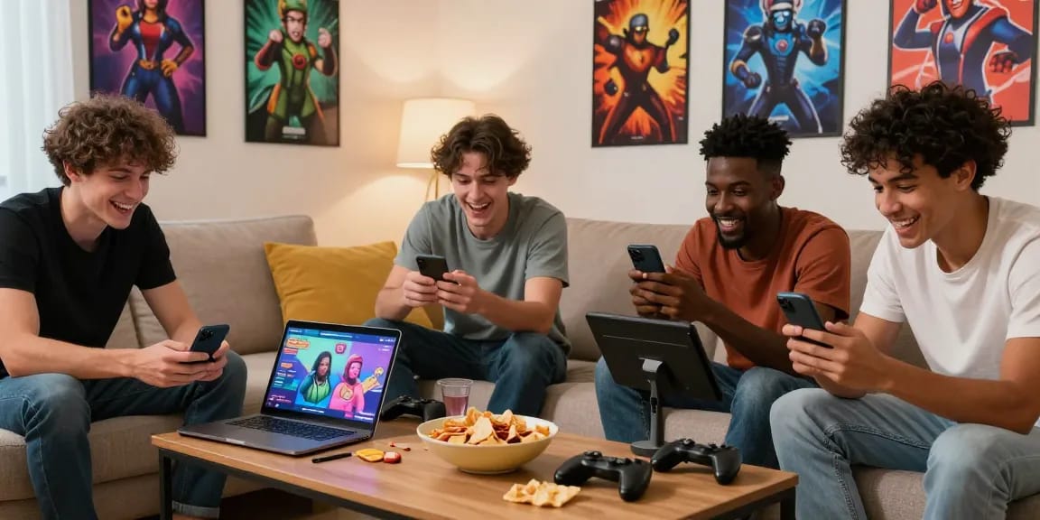 Friends immersed in gay porn games on devices in a cozy living room.