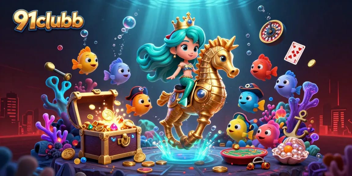 91clubb showcases vibrant underwater casino elements with mermaids and sea creatures in a dynamic scene.