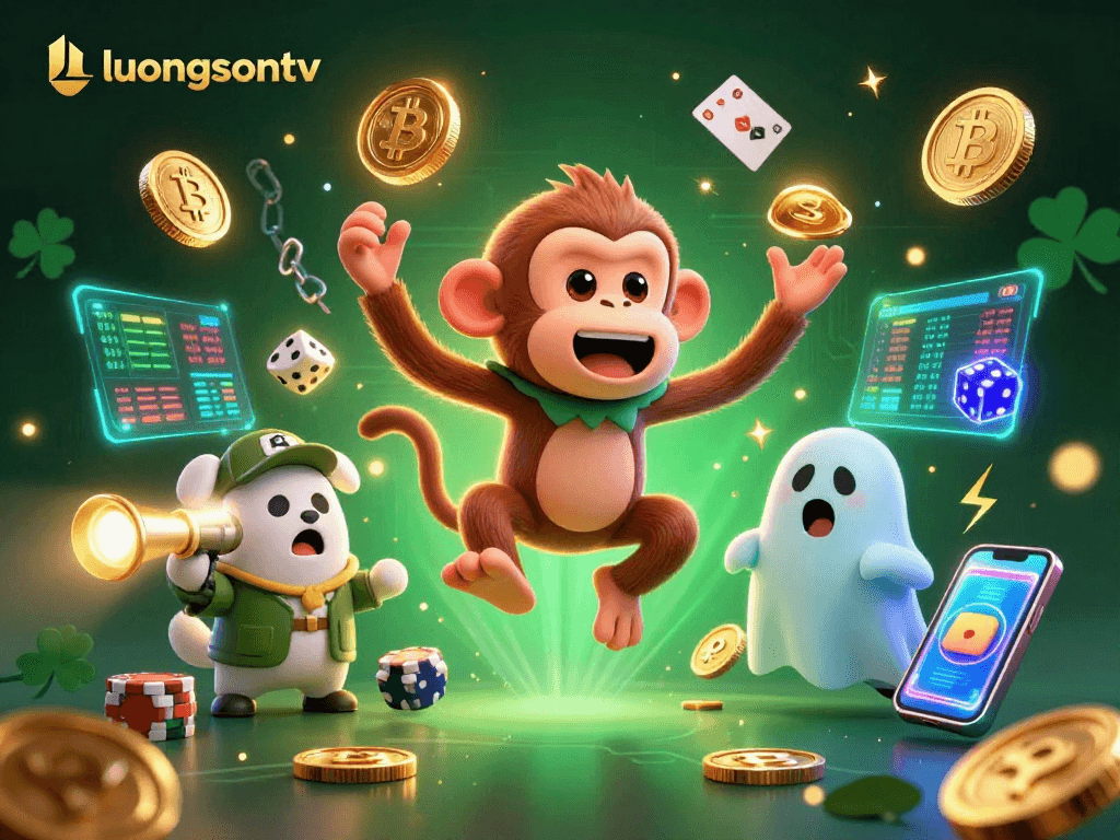 Experience the thrill of luongsontv with a playful ghost-hunter puppy tracking a mischievous monkey in a vibrant casino scene.
