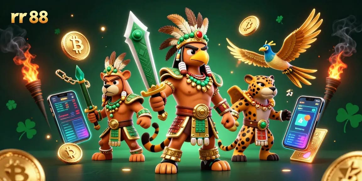 Engage with rr 88's vibrant casino experience, featuring dynamic 3D characters and glowing crypto elements.