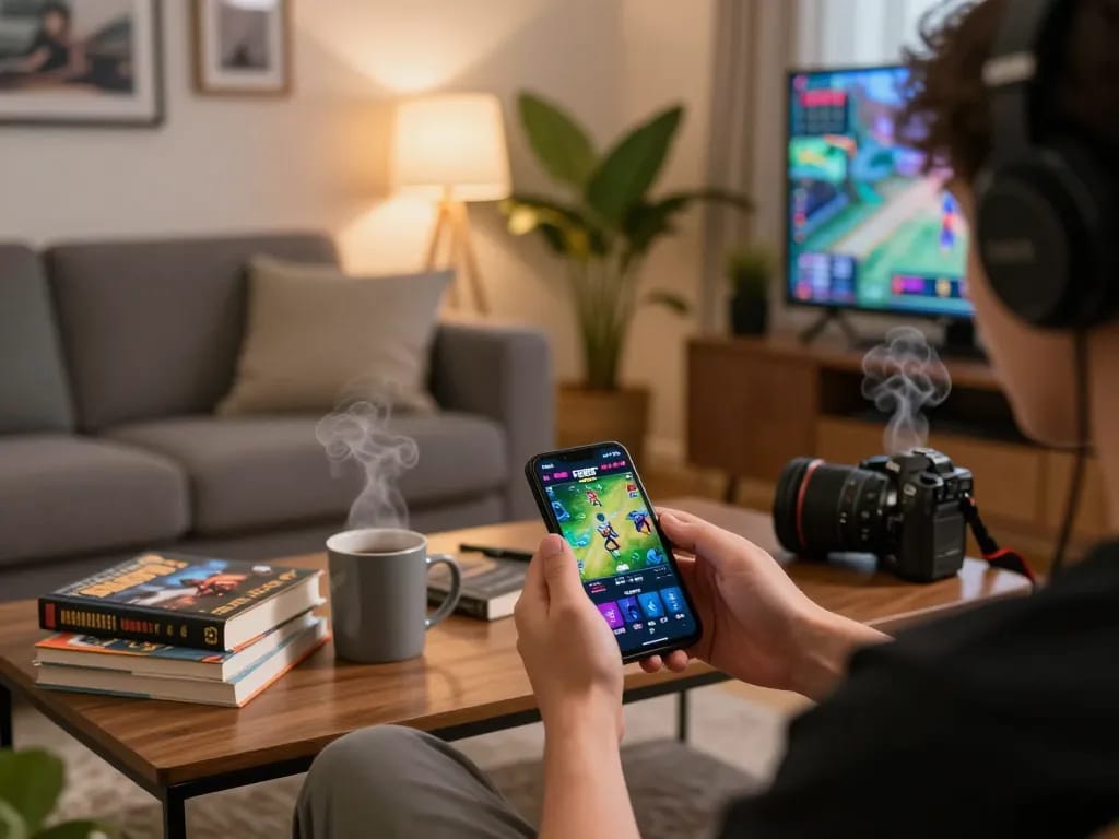 Engaging with F8BET mobile app at home, showcasing a cozy gaming setup and thoughtful strategy.