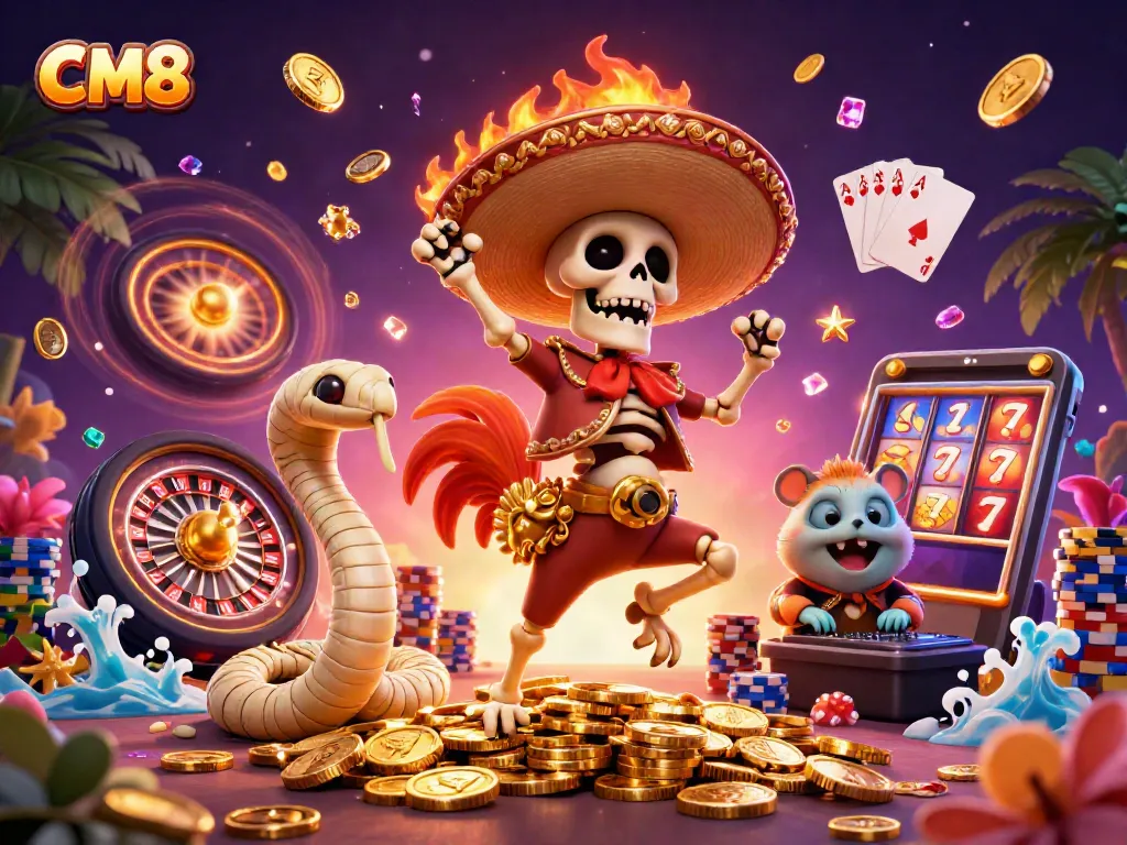 CM8 brings excitement with a dancing skeleton rooster, golden coins, and vibrant casino elements.