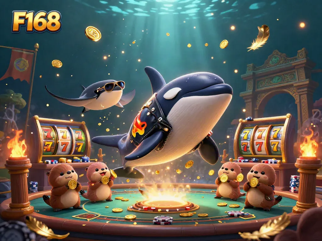 F168 casino-themed illustration with orca, stingray, and sea otters amidst slot reels and poker chips.