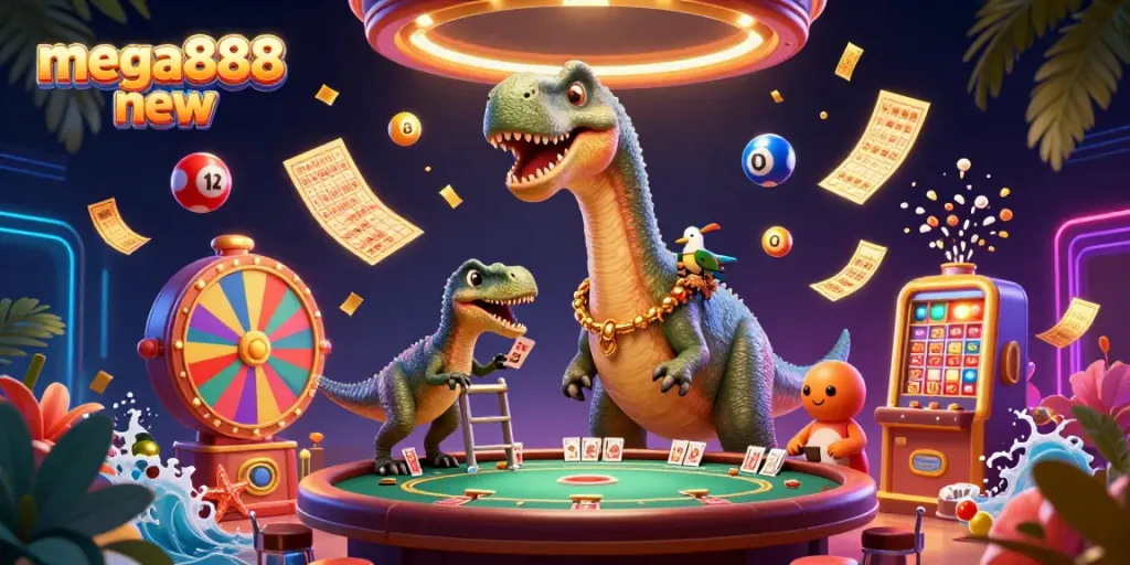 Engage with mega888 new as a brontosaurus surveys a vibrant casino scene filled with lottery elements.