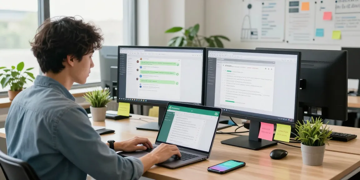 Using WhatsApp網頁版 on laptop in a modern office workspace with dual monitors.