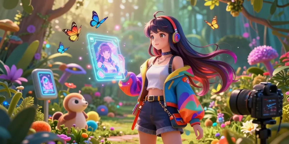 ai ecchi character exploring vibrant digital garden with holographic display