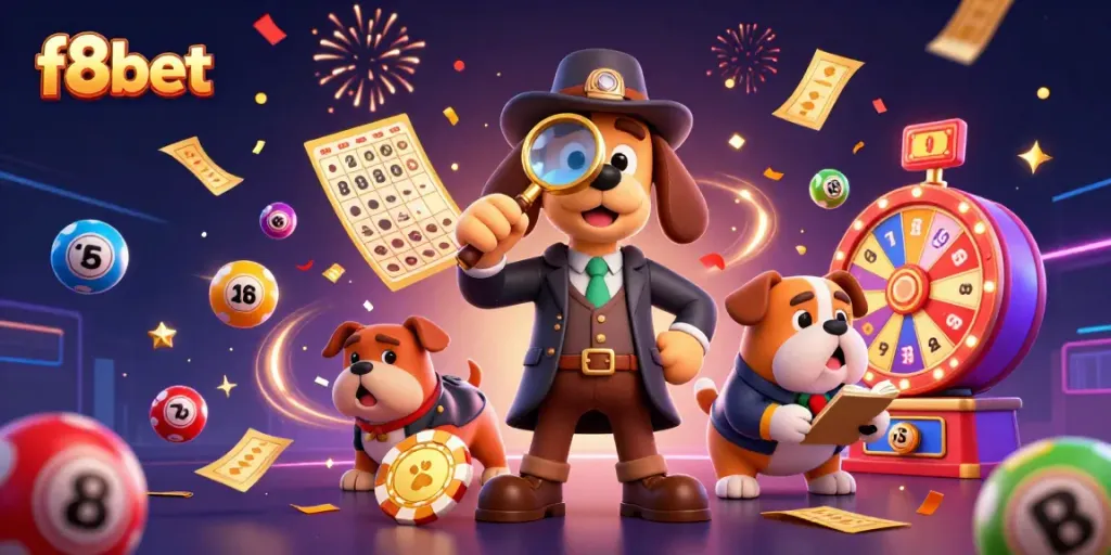 Experience gaming excitement with f8bet featuring a detective duo unlocking casino treasures amidst lively elements.