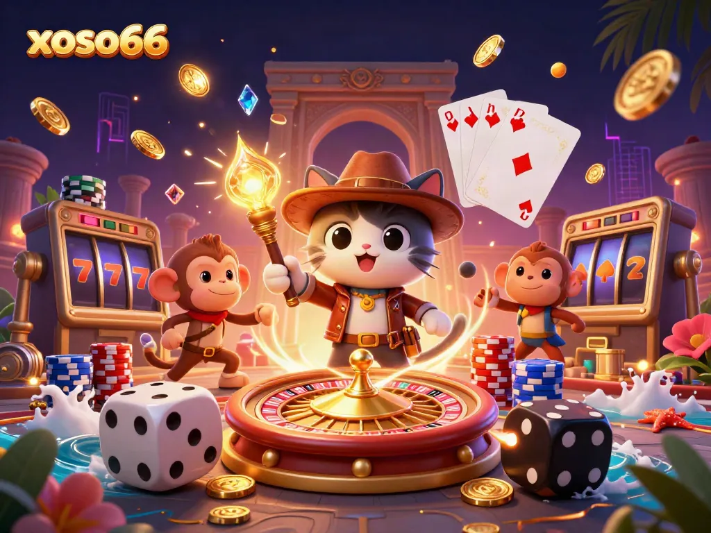 Experience thrilling gaming at xoso66 with a vibrant illustration of an explorer and casino treasures.
