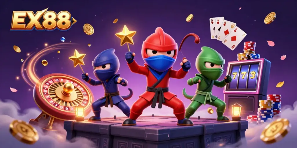 Experience the thrill of EX 88 with vibrant chameleons performing martial arts amid casino elements.