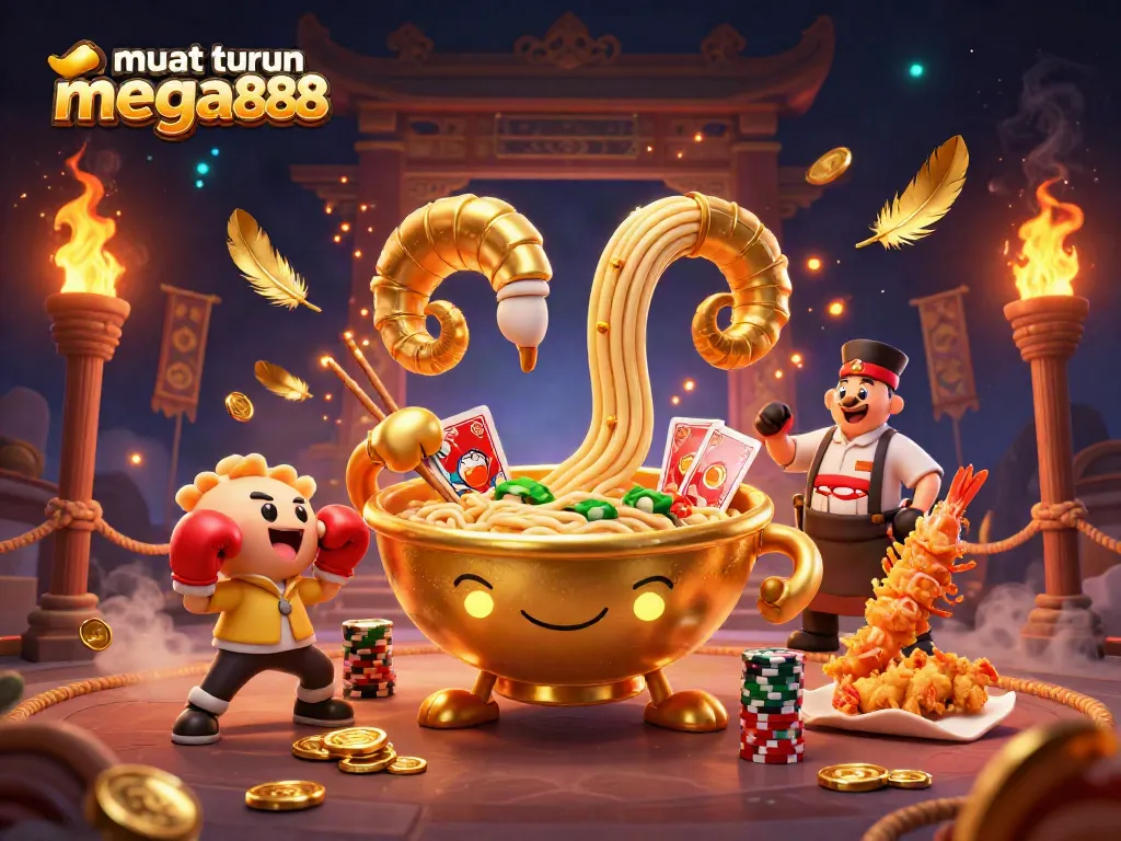 Muat turun mega888 and win big with a dynamic illustration of a vibrant casino scene featuring engaging characters.