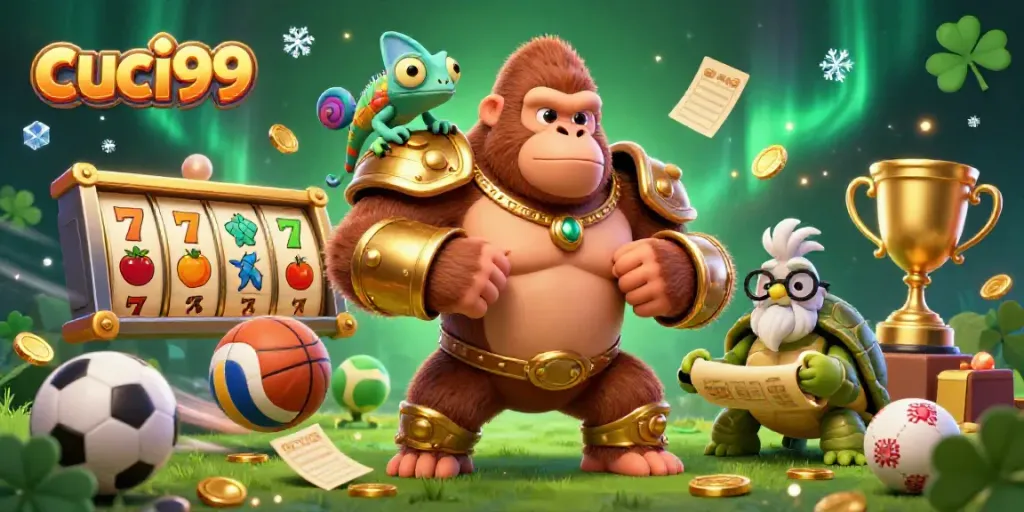Cuci99 online casino illustration showcasing a gorilla king, chameleon, and tortoise amidst slot reels and sports elements.