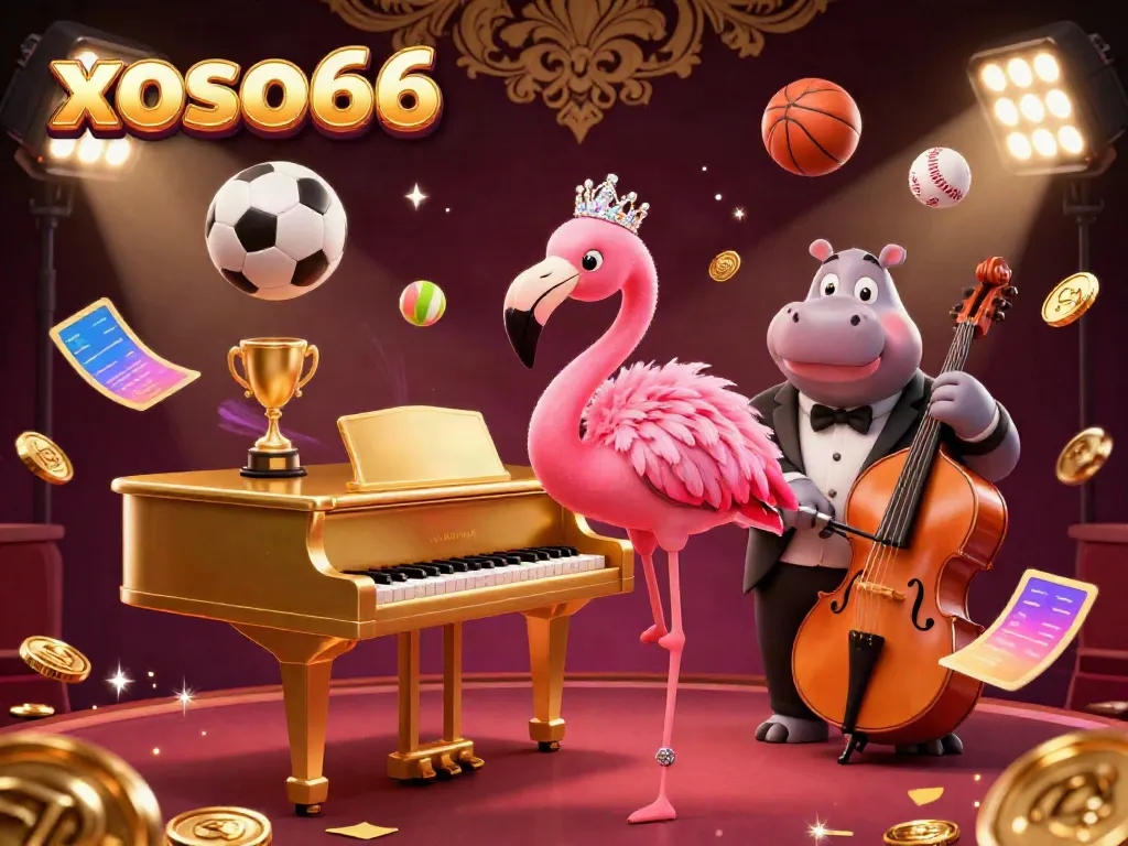Experience the excitement at xoso66 with a vibrant casino scene showcasing dynamic characters and flying sports elements.