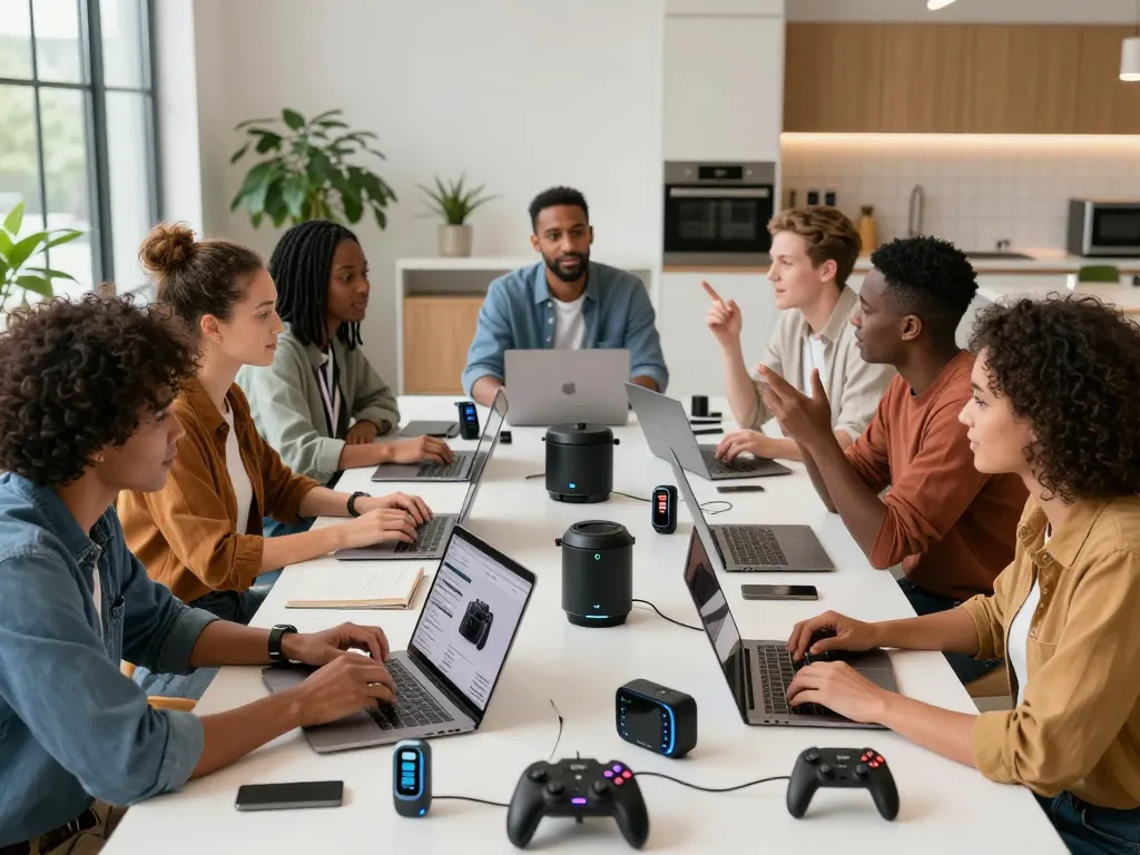 Group discussing must-have tech gadgets in a modern workspace filled with devices and laptops.