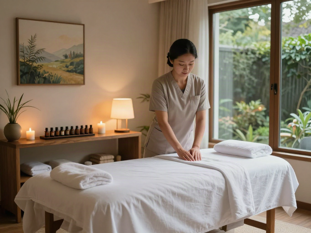 경기광주출장안마 at a serene wellness spa featuring a calming massage setup, therapist preparing in a tranquil treatment room.